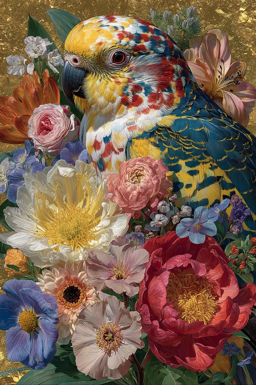 Surreal collage of humans animals and vivid summer flora