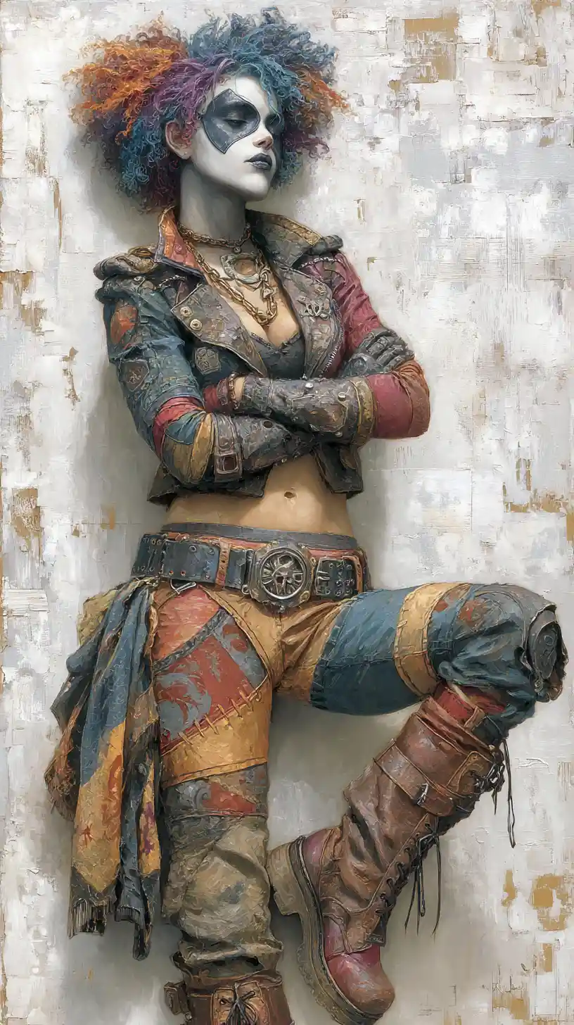 Masked cyberpunk woman leaning against a sci fi city wall