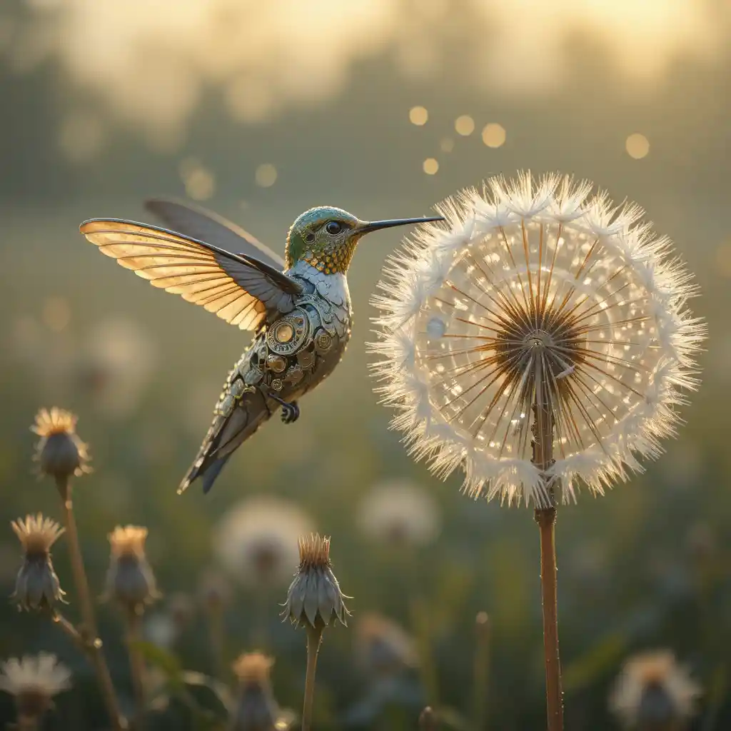 Mechanischer Kolibri neben taufrischem Löwenzahn bei Sonnenaufgang