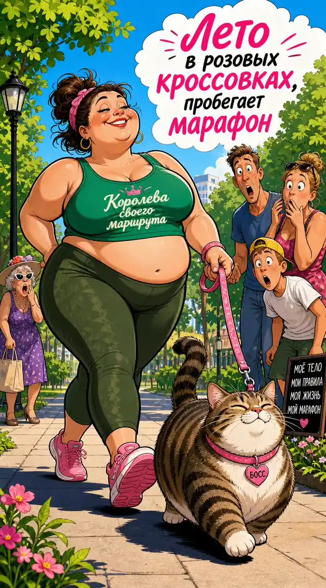 Happy woman jogging with pink sneakers and a proud fat cat