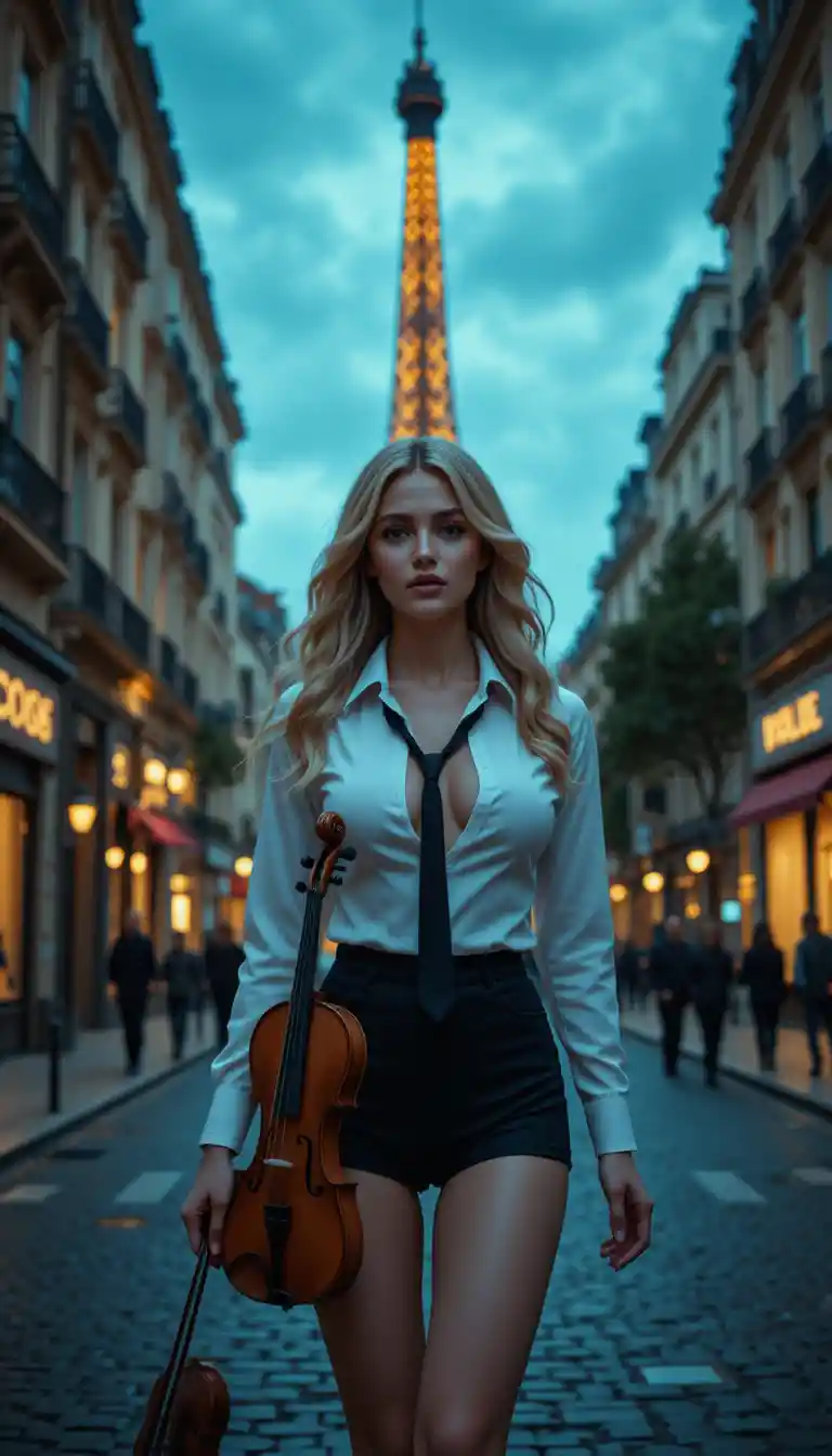 Blonde woman with violin walking along Paris city street