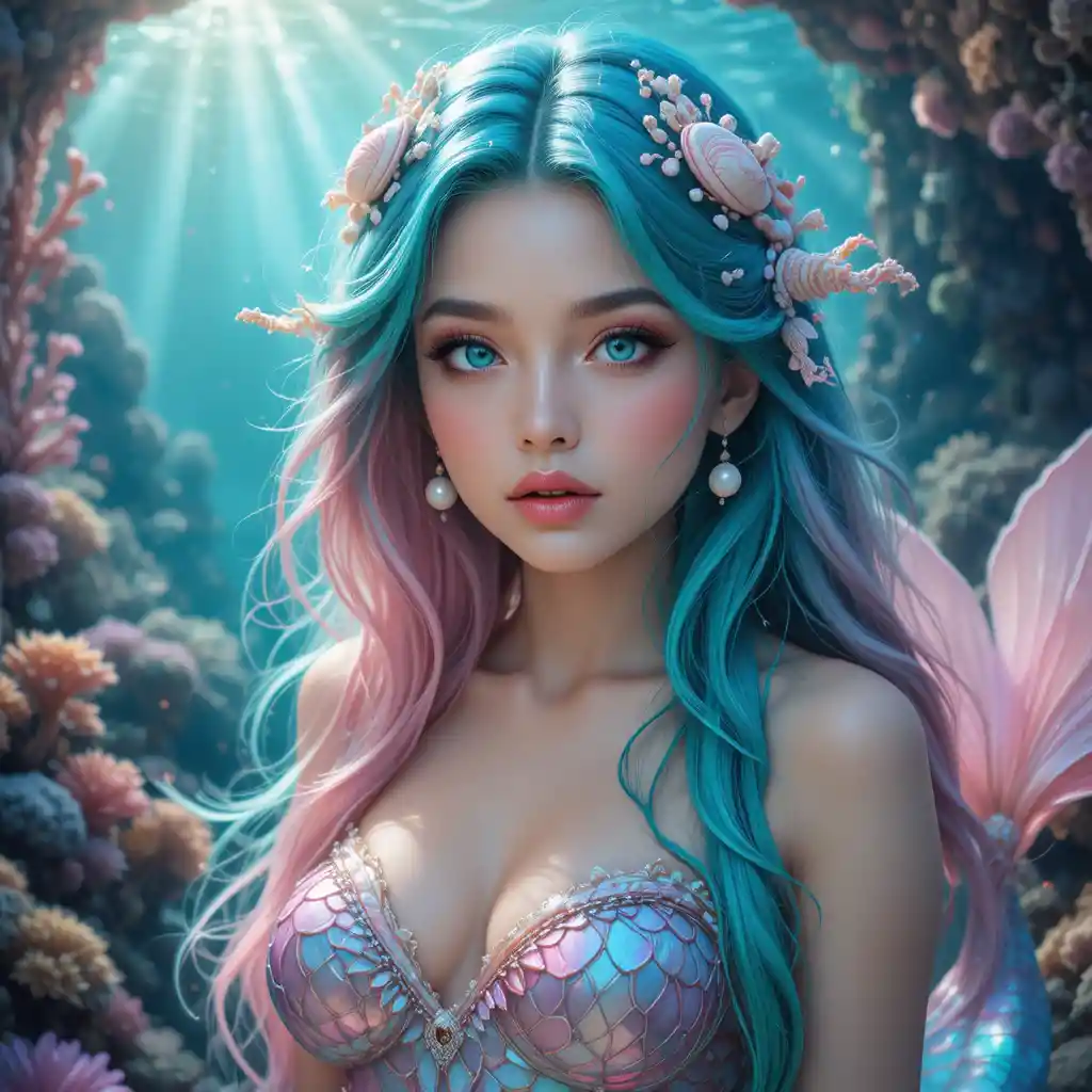 Whimsical mermaid portrait in a sunlit underwater grotto