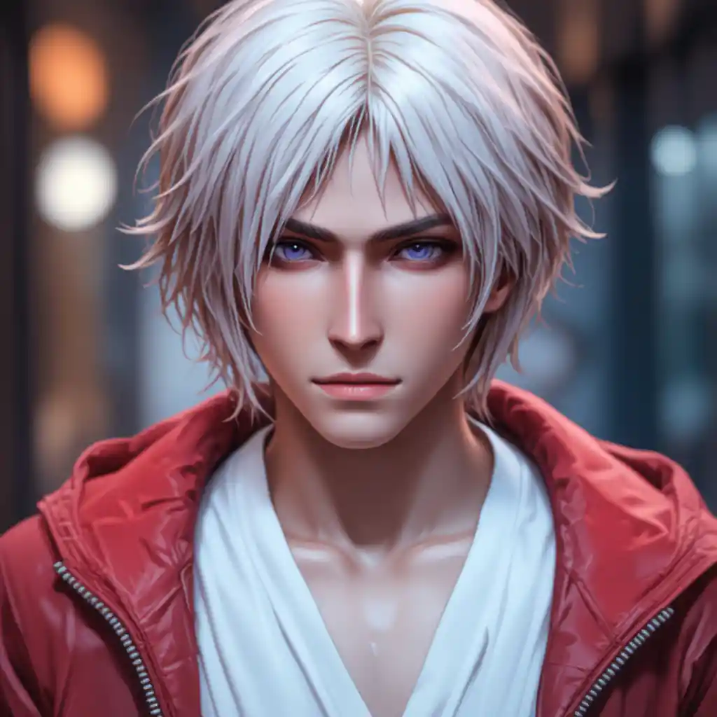 Young man with platinum hair and violet eyes in red jacket