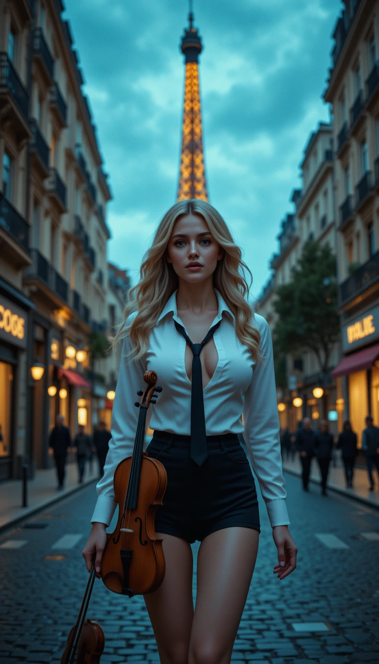 Blonde woman with violin walking along Paris city street
