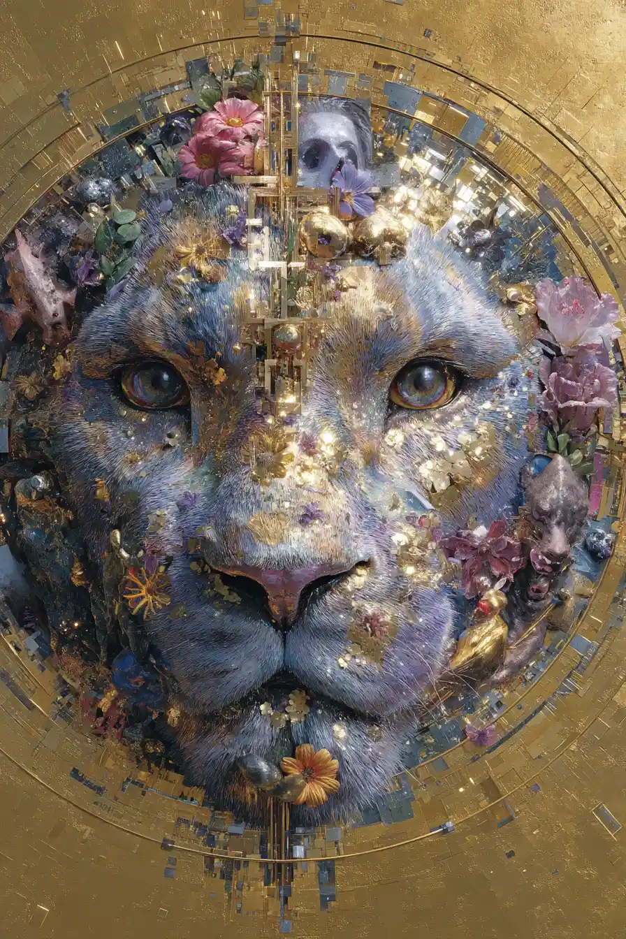 Surreal collage of humans animals and summer flora on gold
