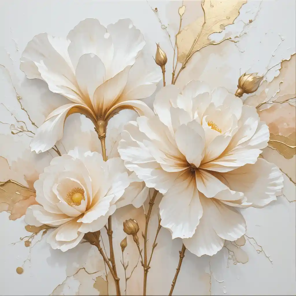 White abstract floral painting with soft golden brush strokes