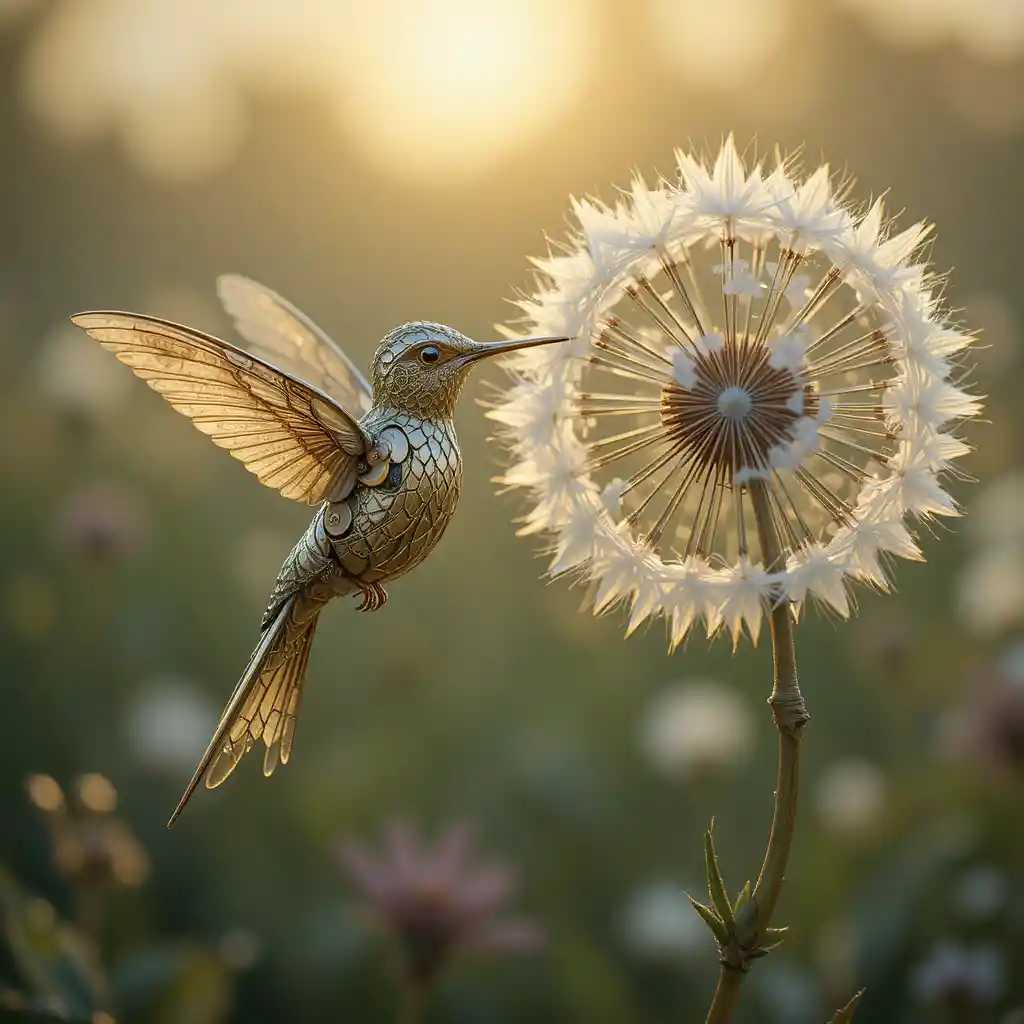 Mechanical hummingbird beside a glowing dandelion at dawn
