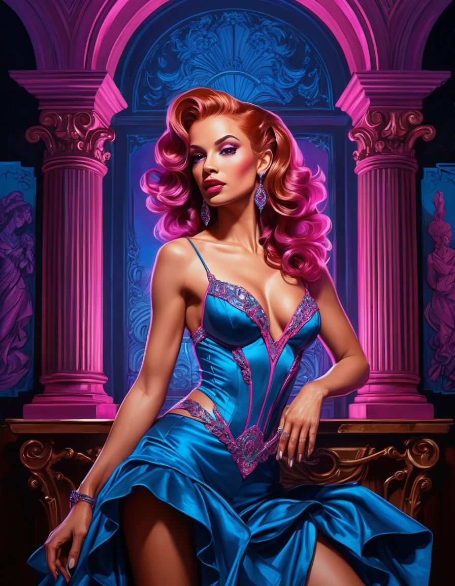 Sensual redhead courtesan in neon ballroom palace scene