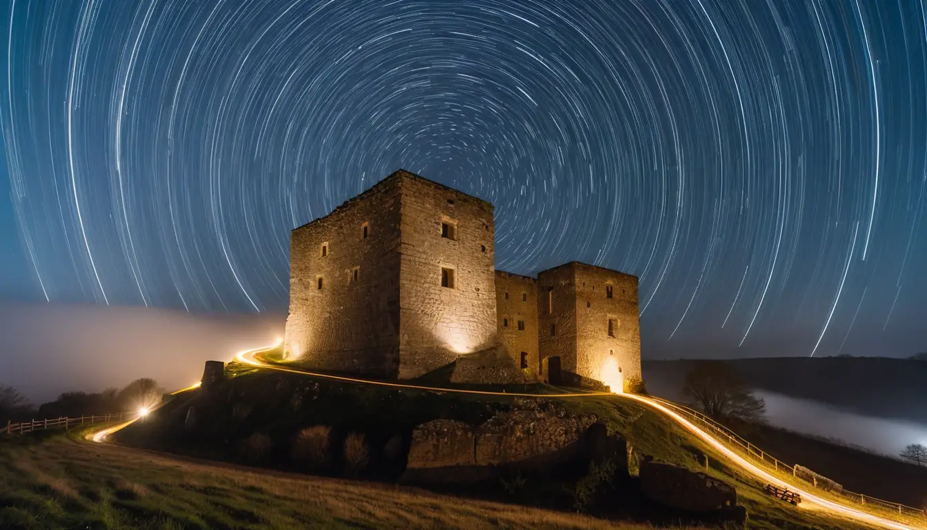 Castello di pietra medievale sotto un cielo notturno con scie di stelle circolari