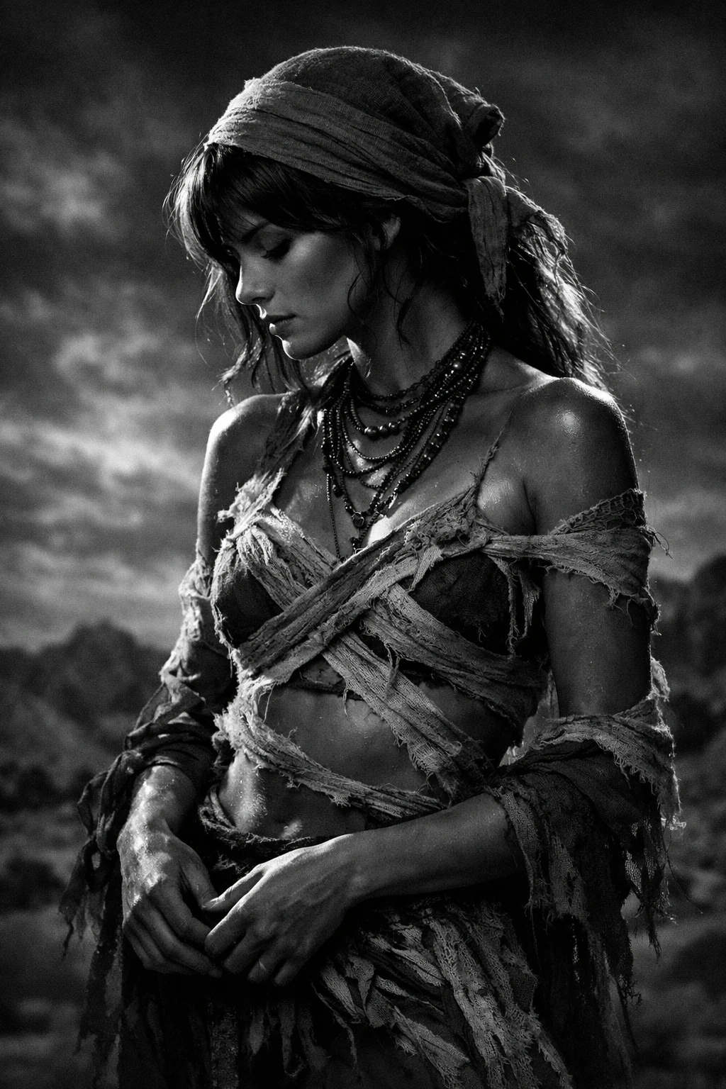 Somber black and white portrait of a veiled young woman