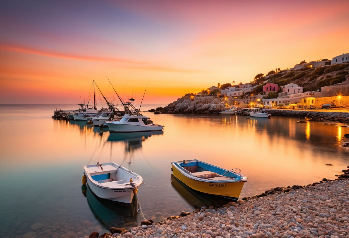 Golden sunset over calm coastal fishing harbor with boats
