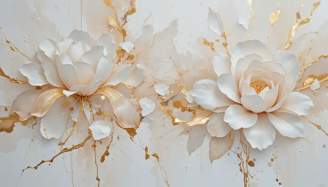 Abstract white floral painting with soft gold details