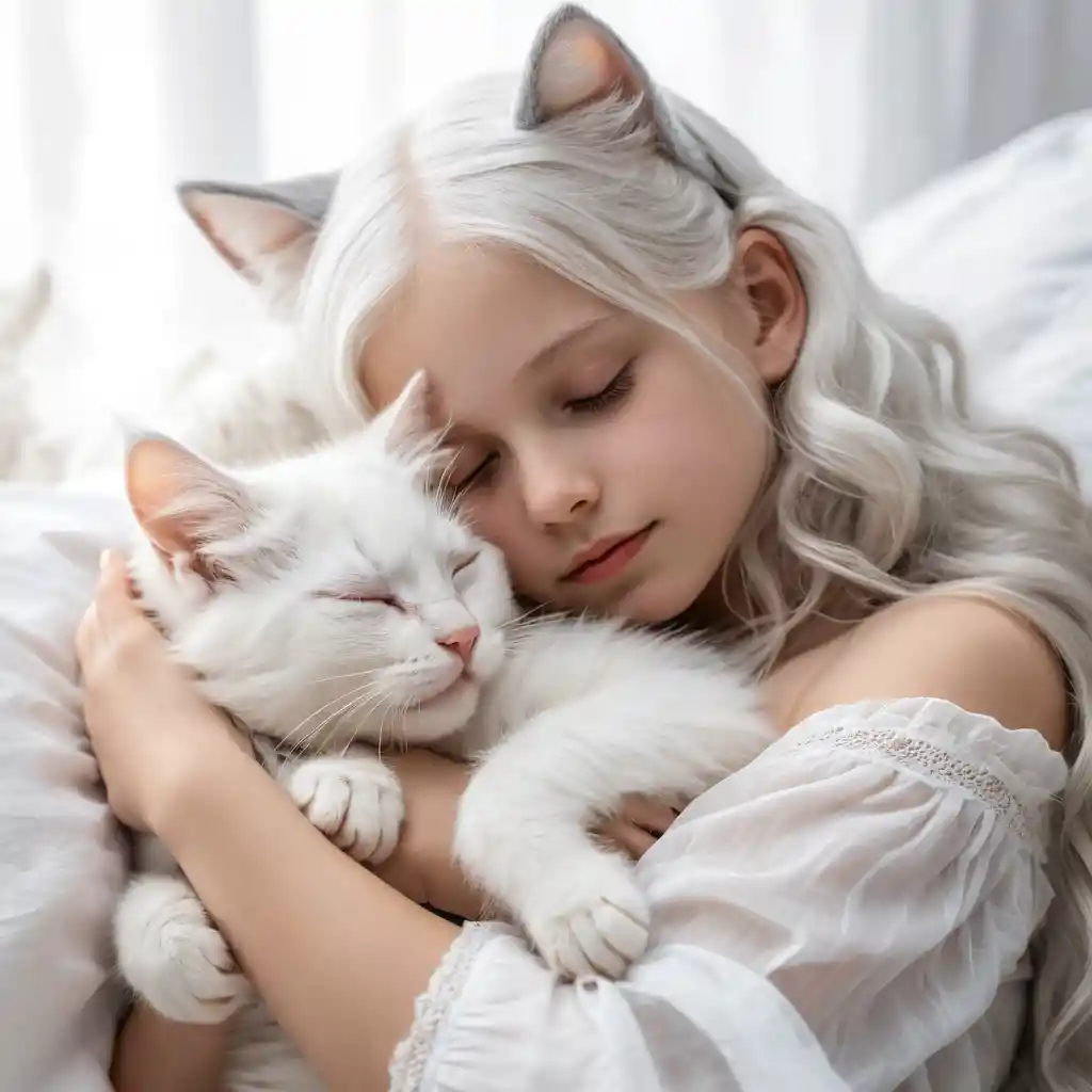 Girl with cat ears cuddling a sleeping kitten in soft light