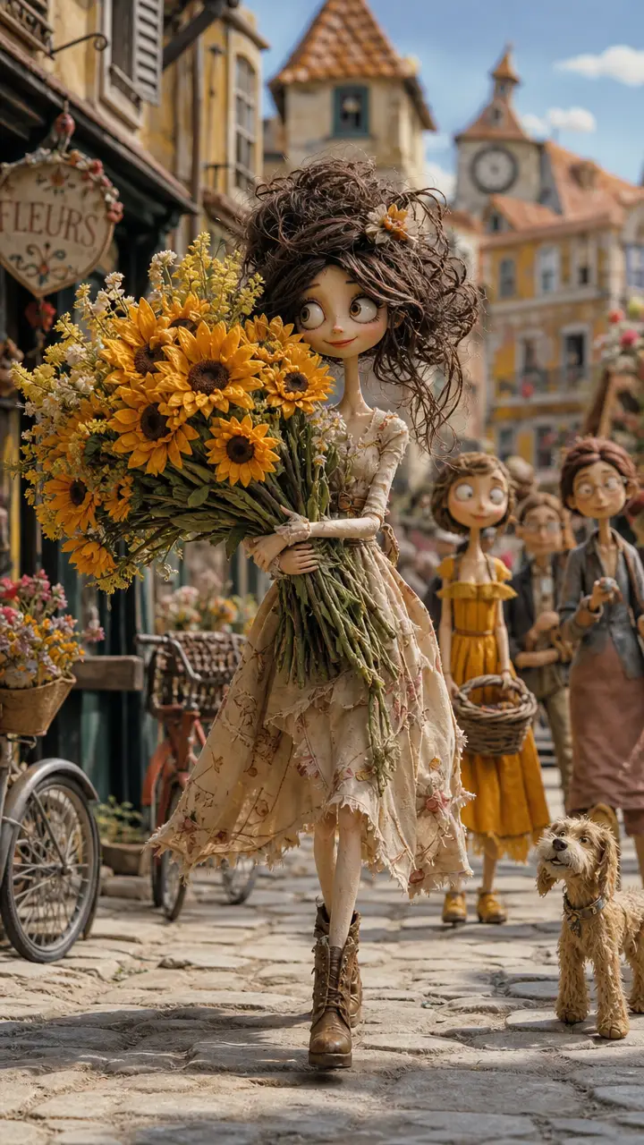 Felt stop motion girl carrying giant sunflowers