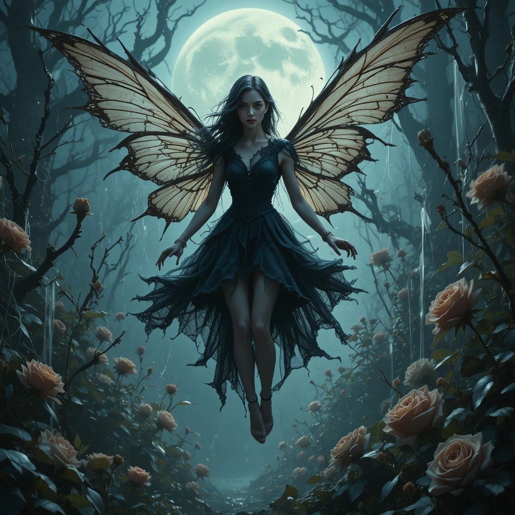 Hada Flotando Sobre un Jardín Decrépito a la Luz de la Luna