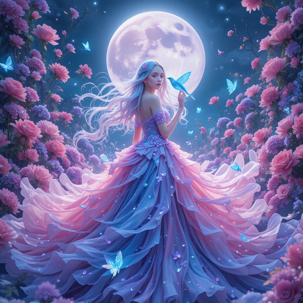 Ethereal flower goddess in a moonlit fantasy garden