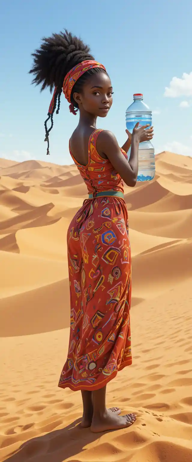 Young African girl holding a squeezed empty water bottle