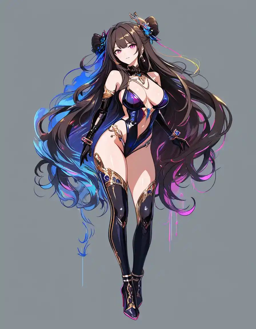 Neon ballroom courtesan in baroque haute couture pose
