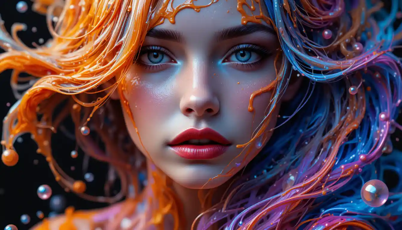 Surreal portrait of a woman with flowing colorful liquid paint