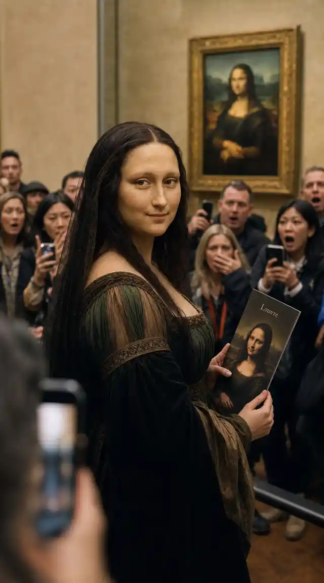 Mona Lisa as a real woman in the Louvre gallery
