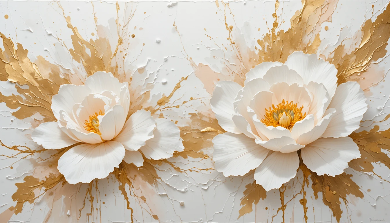 Abstract white floral painting with soft golden details