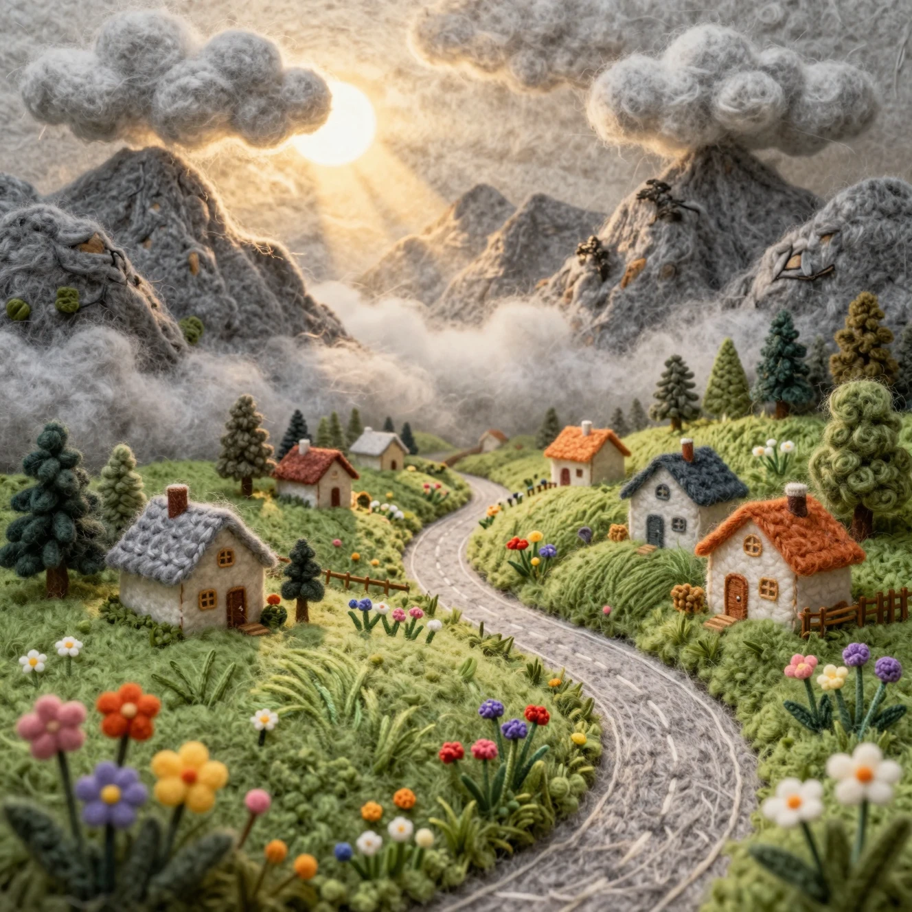 Miniature Wool Mountain Village In Soft Sunlit Landscape