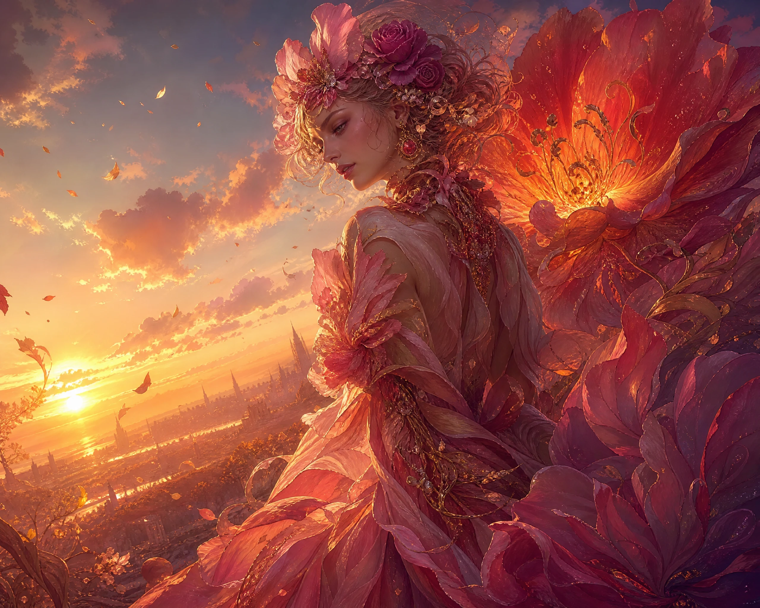 Ethereal flowers glowing in warm sunset light