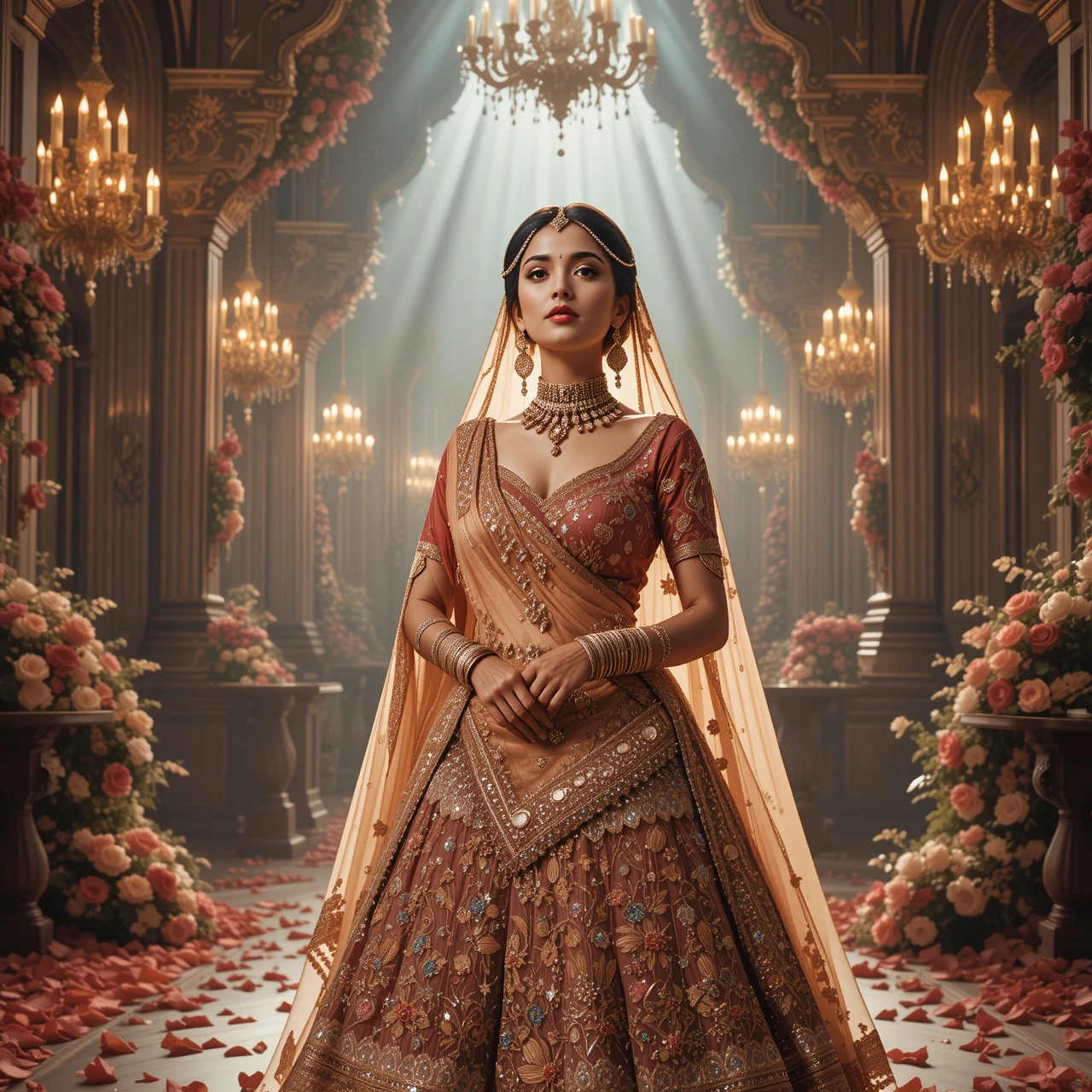 Indian bride in ornate lehenga within a royal palace