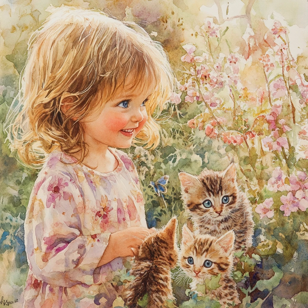 Little girl watching kittens in a sunny flower garden