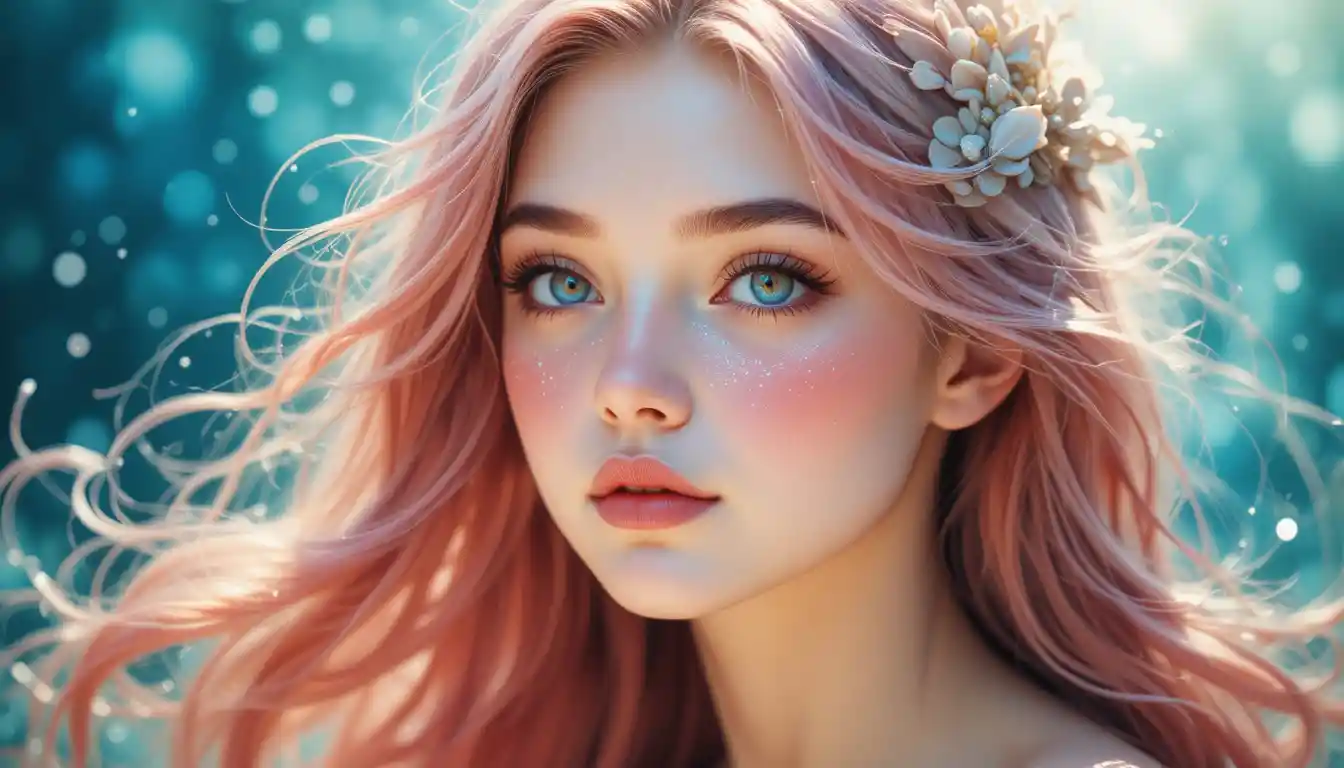Serene watercolor portrait of a glowing fantasy mermaid