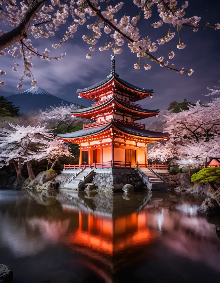 Ancient Japanese temple at night with glowing lanterns