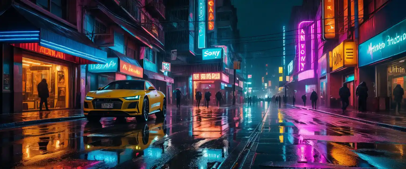 Futuristic neon street with flying vehicle light trails