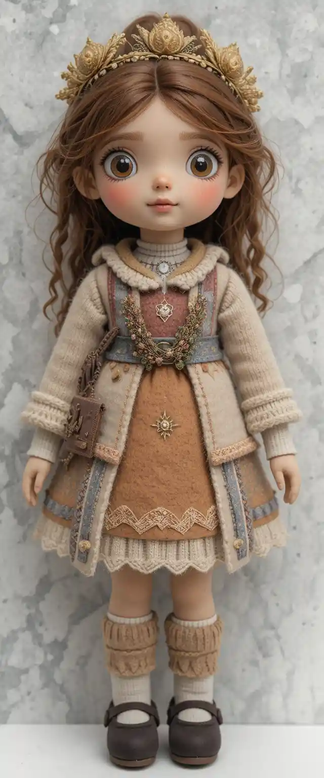 Whimsical wool felt cotton doll in soft craft style