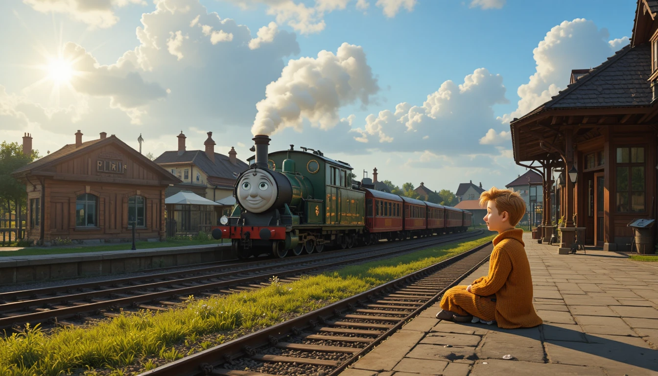 Young boy watching summer trains at a small village station