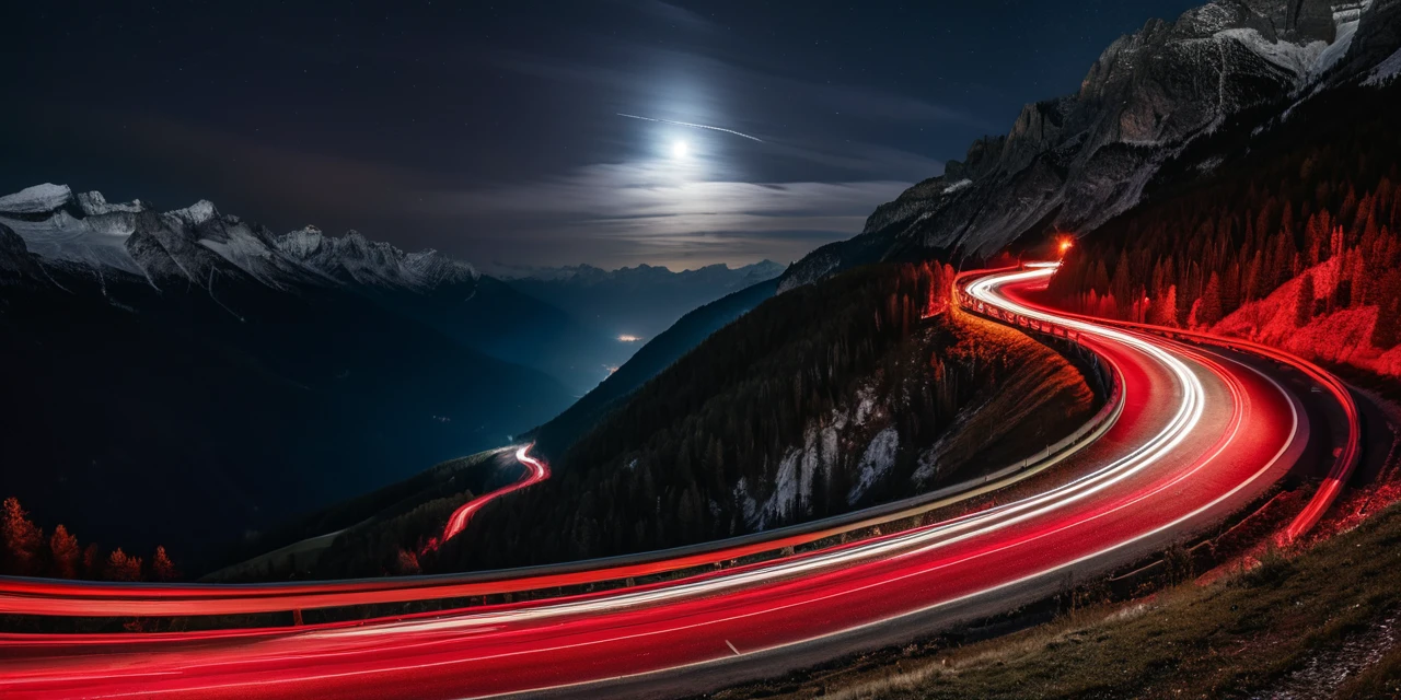 Winding mountain road at night with glowing light trails