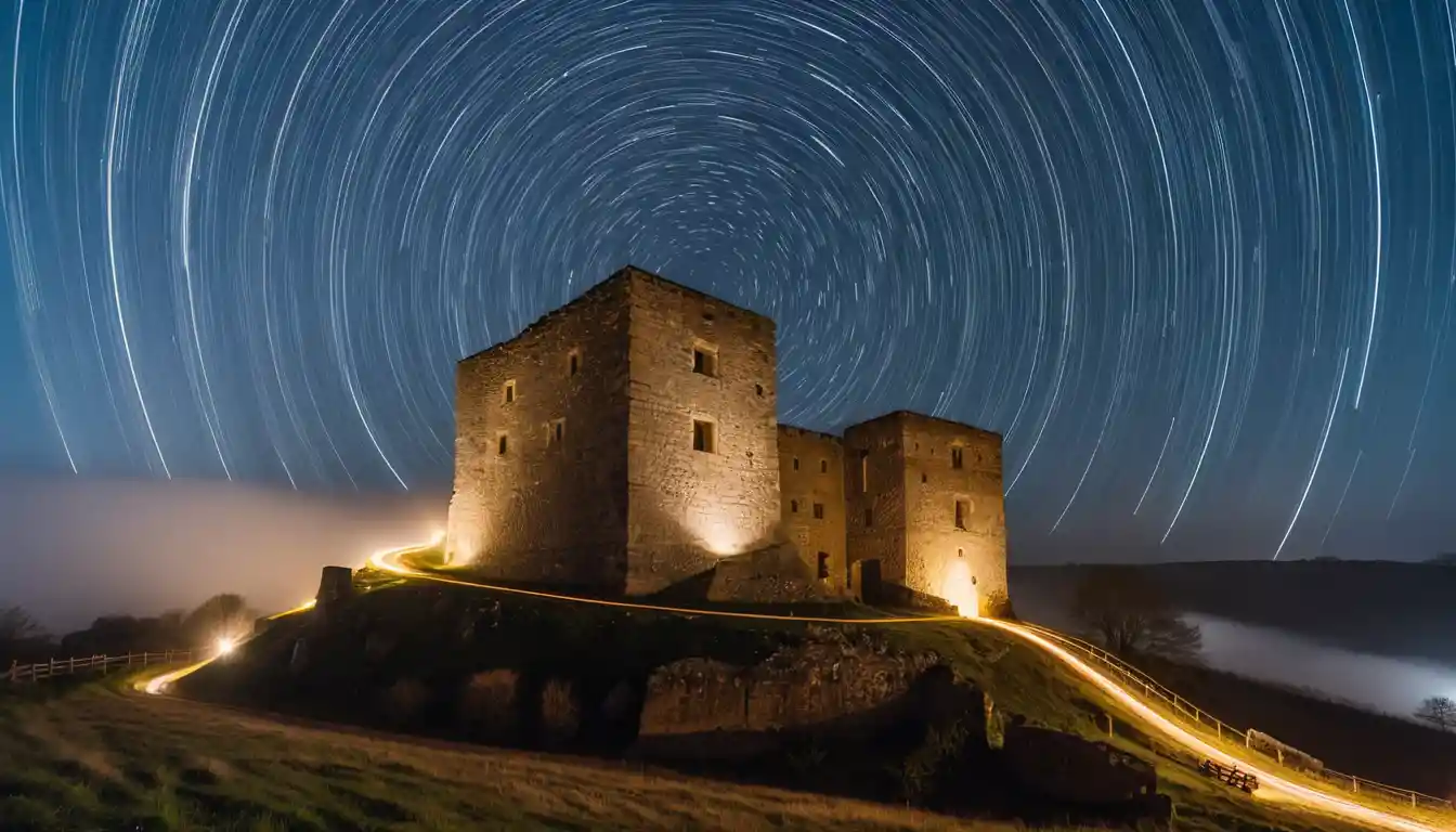 Medieval stone castle under circular star trail night sky