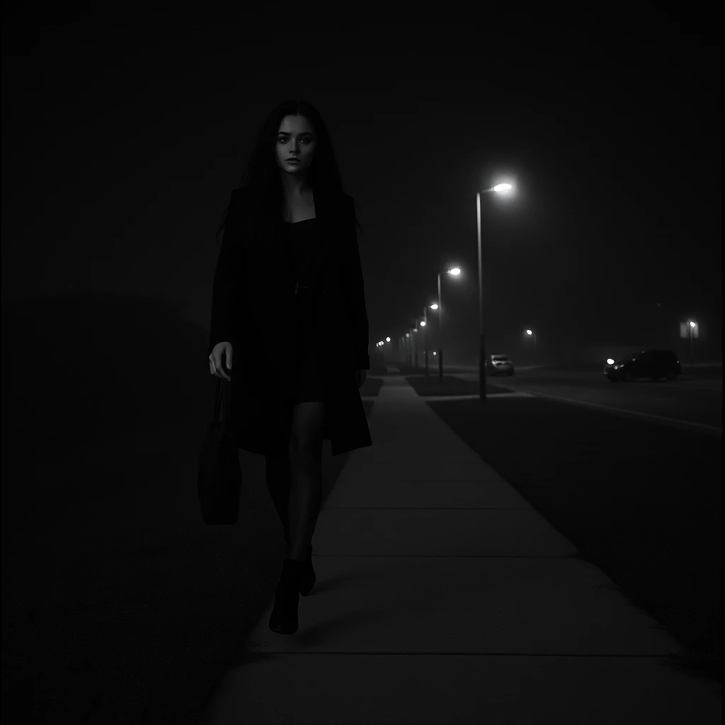 Girl walking alone down a dark and empty night street