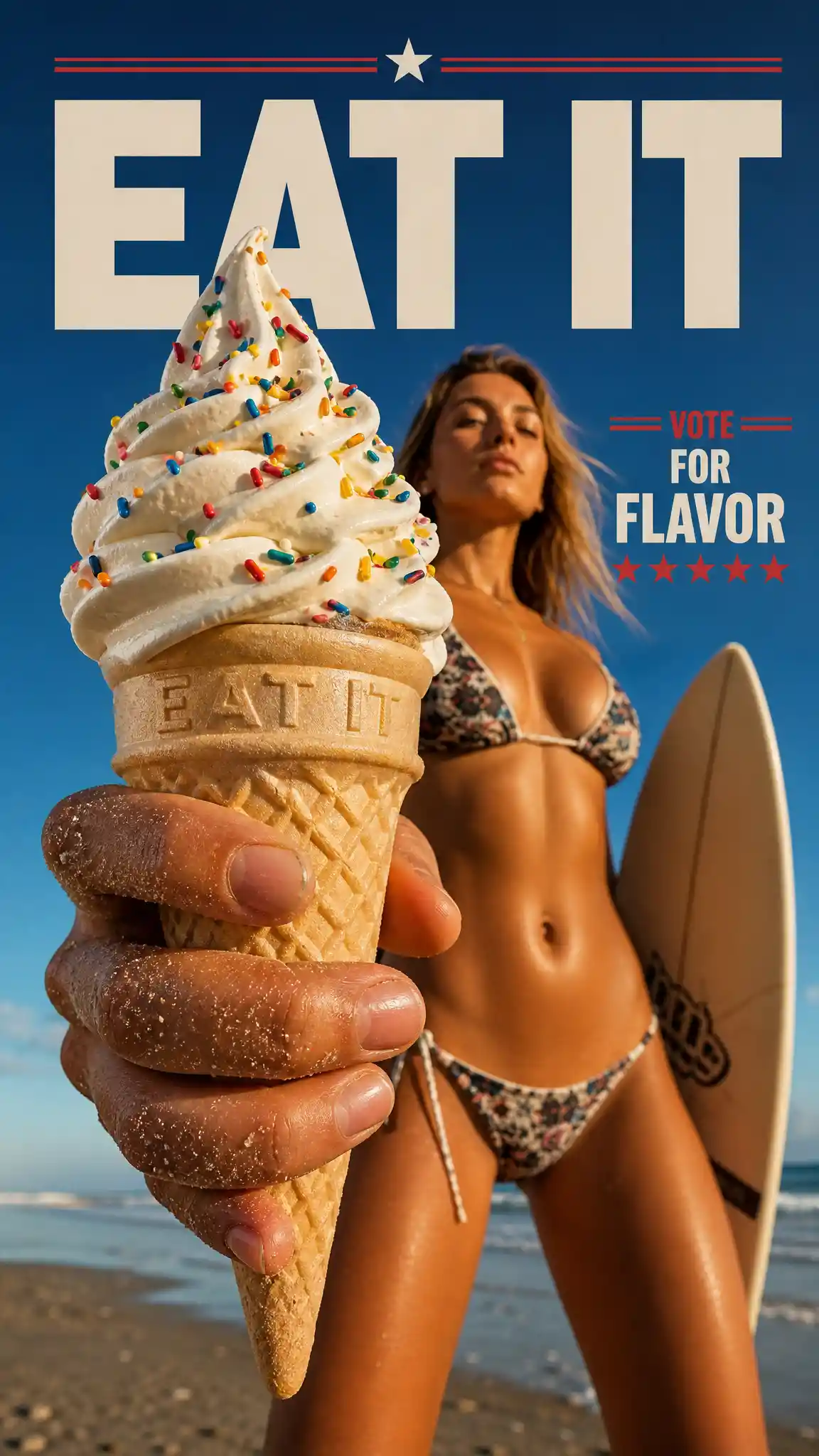 Low angle fashion shot of surfer woman with ice cream
