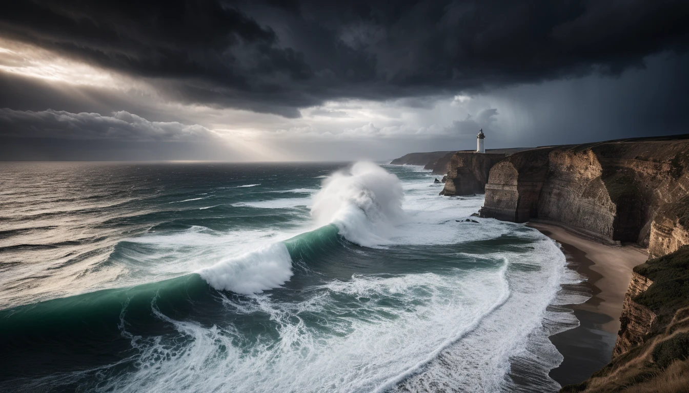 Lonely lighthouse above silky ocean in stormy seascape