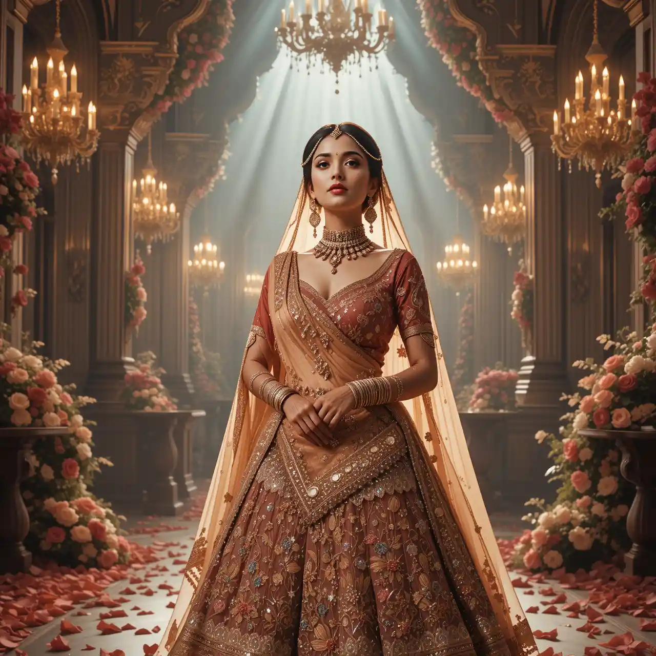 Indian bride in ornate lehenga within a royal palace