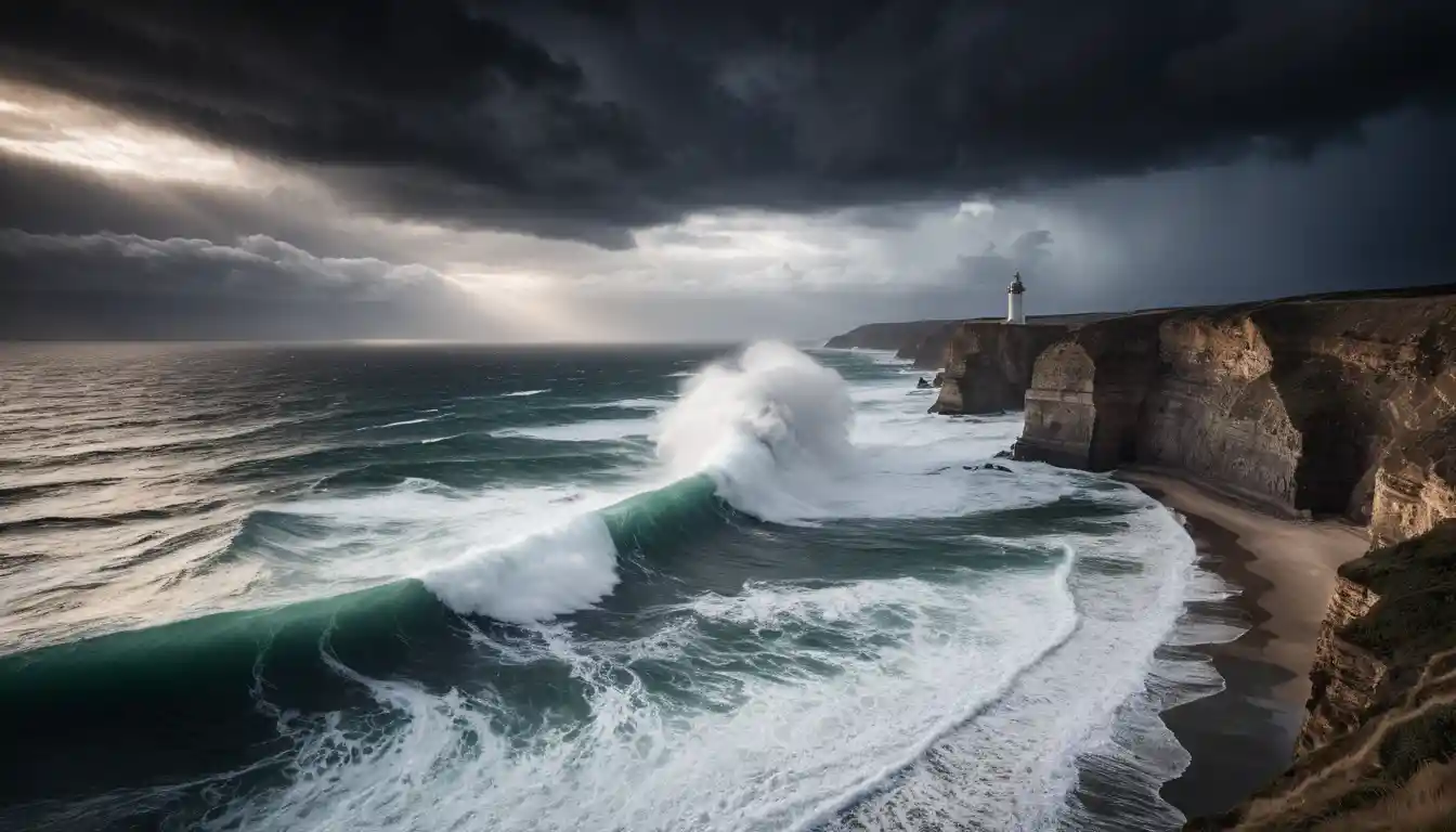 Solitario faro sopra un oceano setoso in un paesaggio marino tempestoso