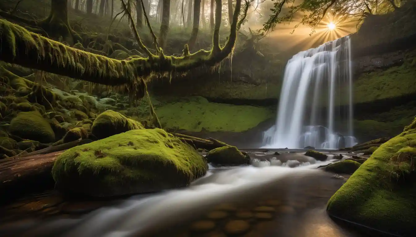 Majestic waterfall in ancient forest at golden sunrise