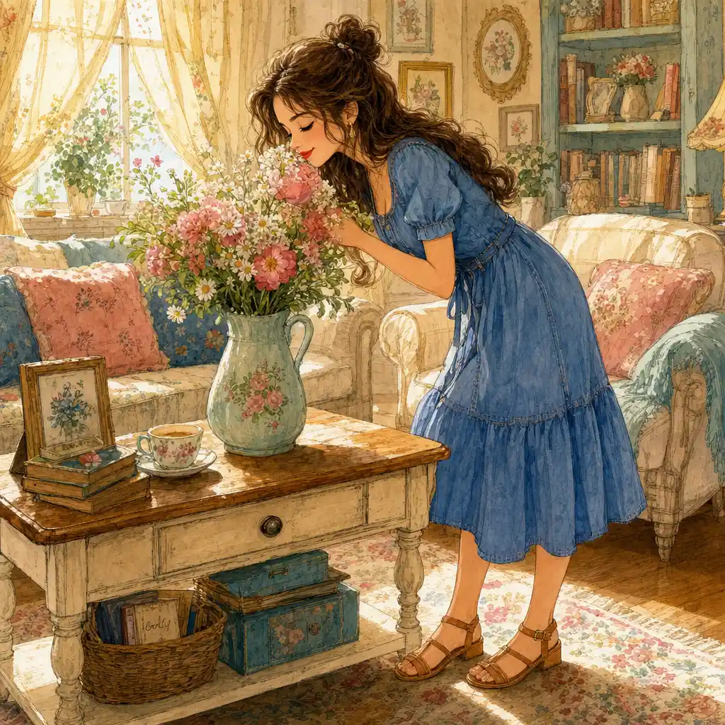 Girl smelling flowers in a cozy sunlit watercolor room