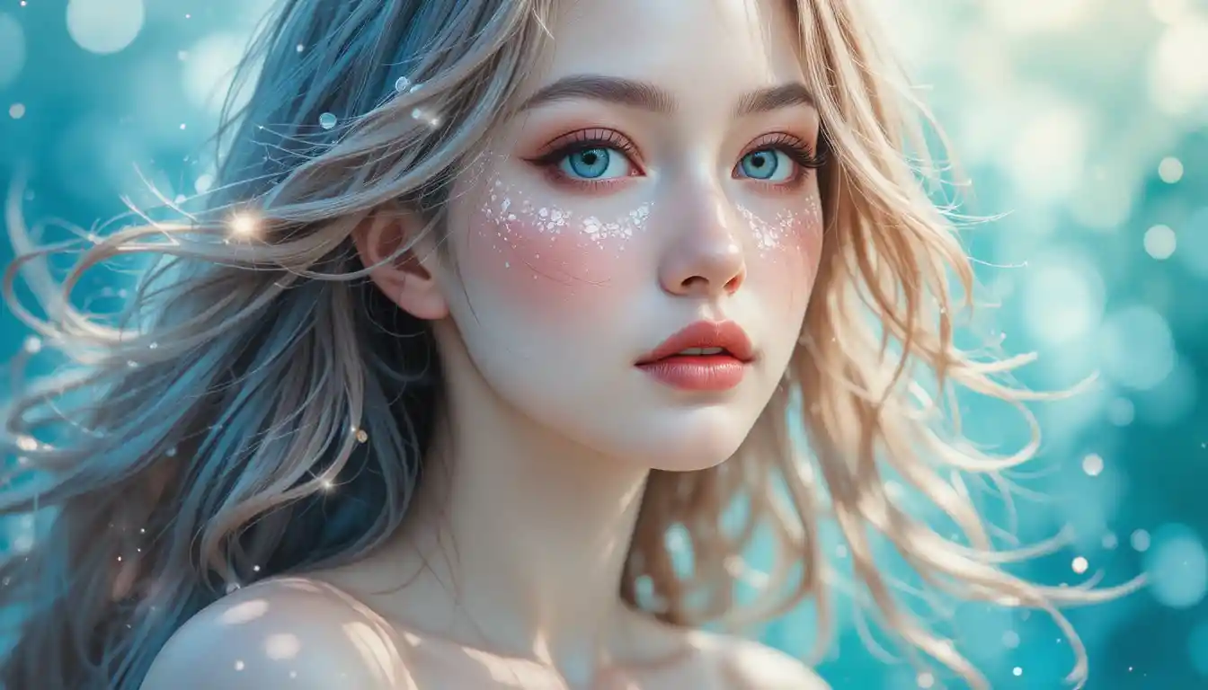 Serene watercolor portrait of a glowing fantasy mermaid