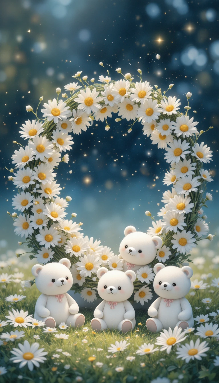 Cute anime bears around a daisy wreath on grass