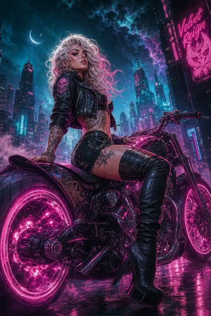 Neon biker queen on custom motorcycle under city lights