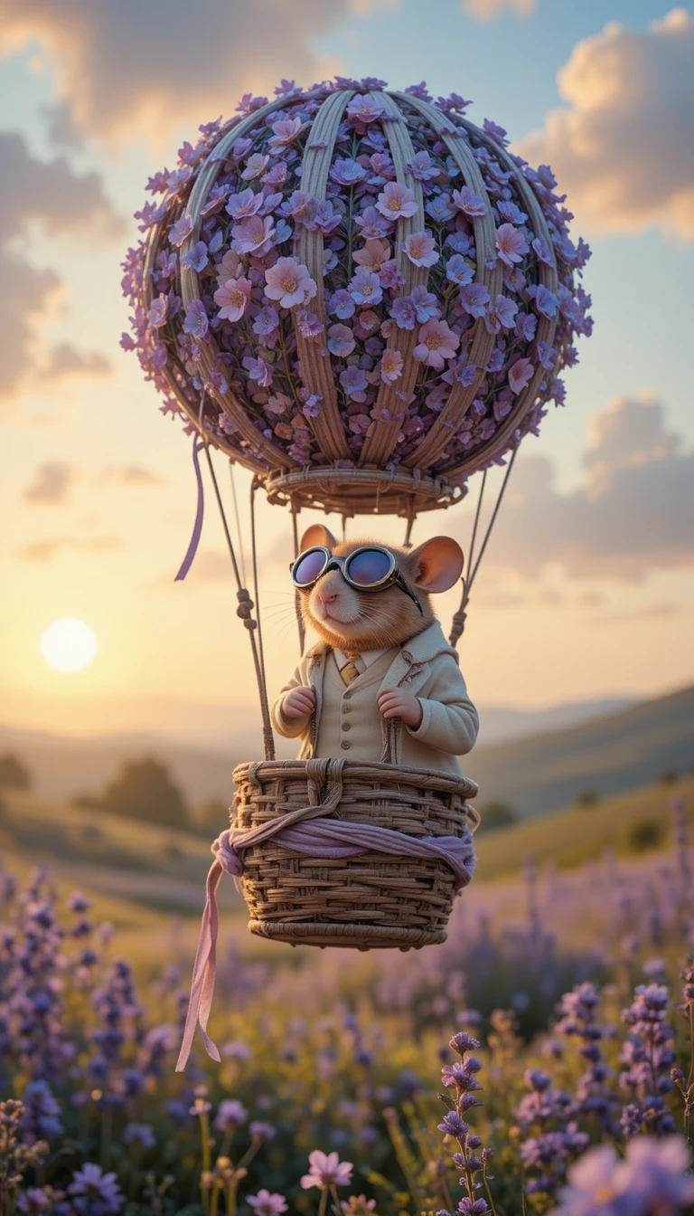 Field mouse in a lavender hot air balloon at sunrise
