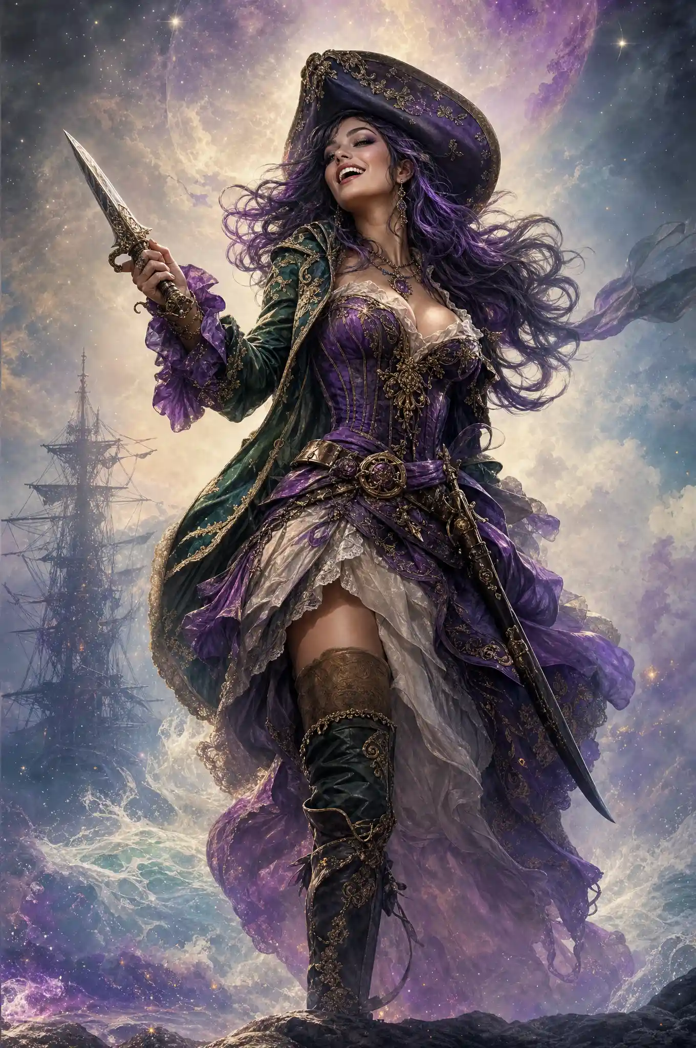 Confident pirate woman with dagger in fantasy digital painting