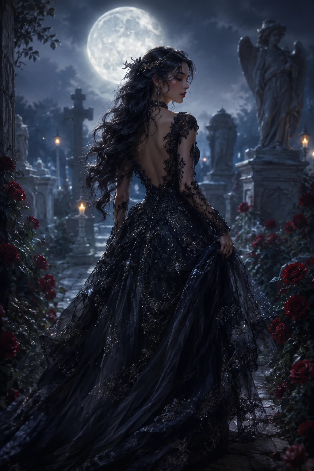 Elegante donna in abito di pizzo nero in un cimitero al chiaro di luna