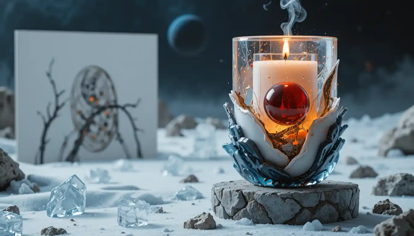 Surreal candle with ice cubes under a star filled cosmic sky